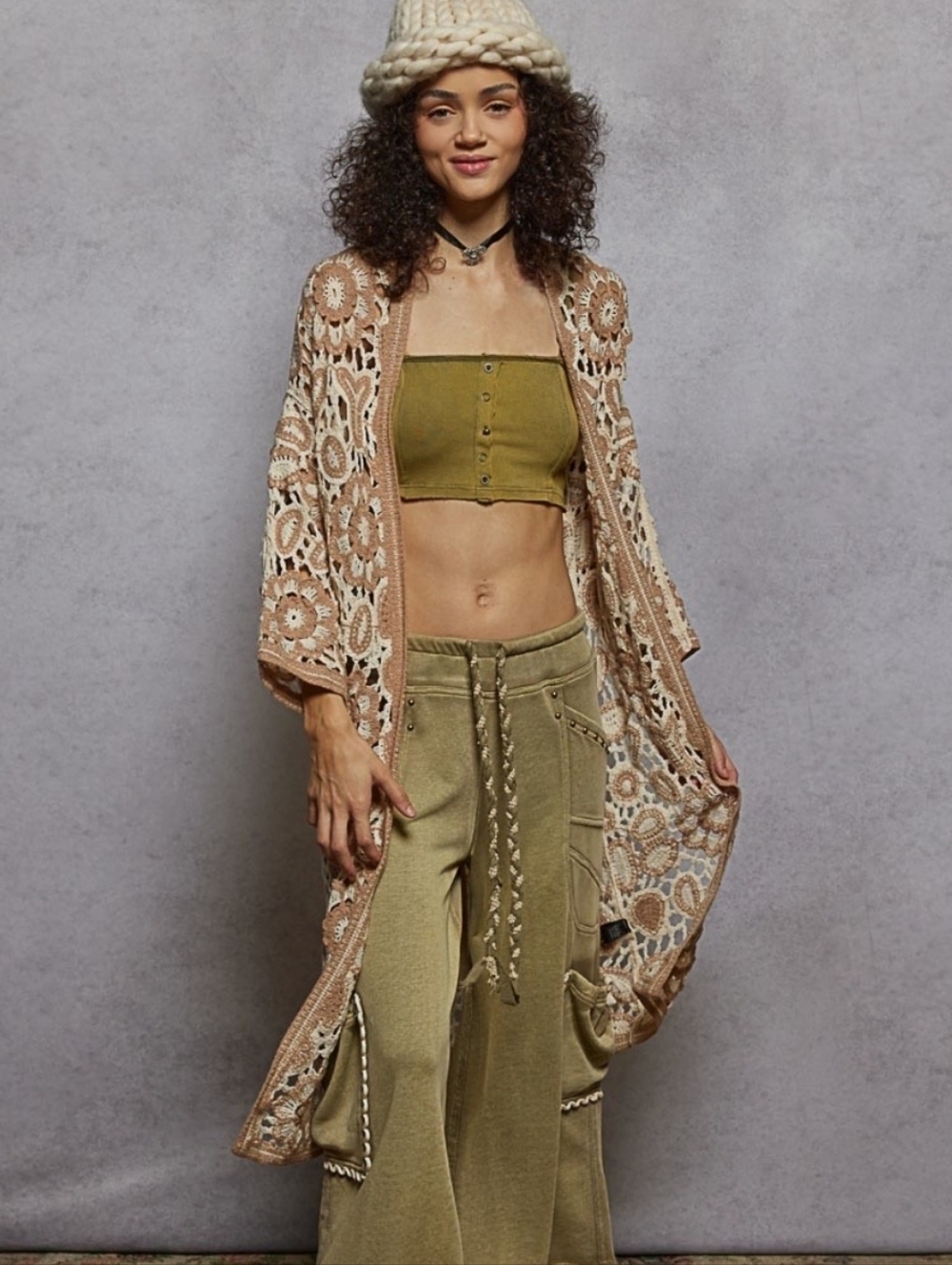 NS20. POL Crochet Long Bohemian Neitral Cardigan In One Size